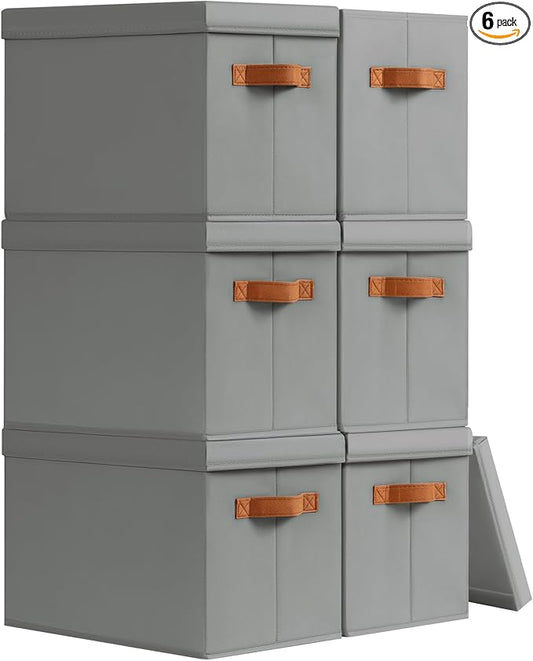 Storage Bins with Lids - Fabric Storage Baskets for Shelves, 6 Pack Foldable Decorative Boxes with Handles, Stackable Organizer Bins for Home, Nursery, Dorm, Grey by Homsorout