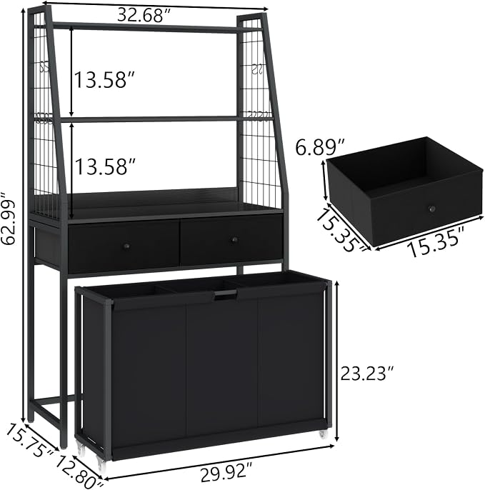 STIKELY Laundry Hamper Laundry Basket with 3 Section Pull-Out Rolling Bags & 2-Tier Storage Shelf, Laundry Sorter for Organization and Storage with 2 Drawers for Laundry Room, Bathroom - Image 7