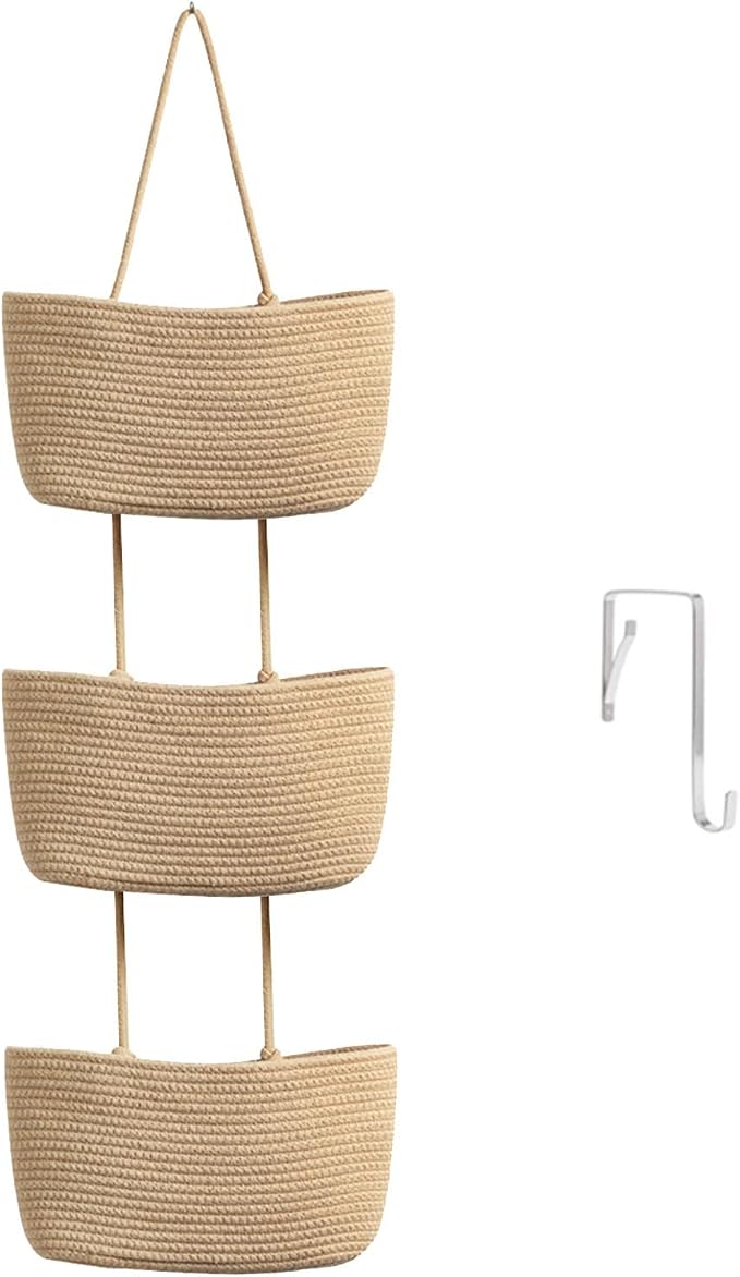 TeoKJ Over the Door Hanging Basket, 3-Tier Woven Cotton Wall-Mounted Storage Organizer Bag Decorative Hanging Nursery Baskets, Jute by TeoKJ