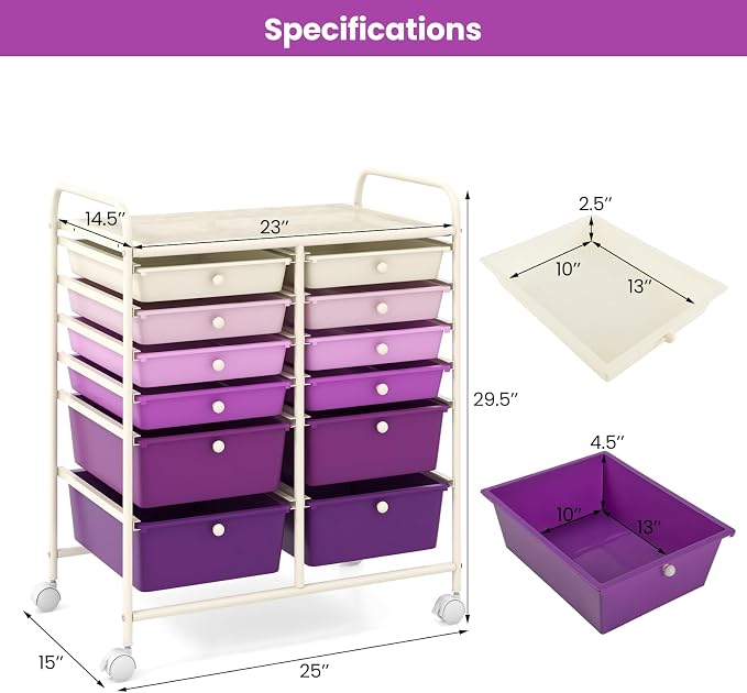 Giantex 12 Drawers Rolling Storage Cart, Classroom Organizers with Wheels for Tools Scrapbook Craft Paper Teacher Office School Supplies (Purple Gradient) - Image 3