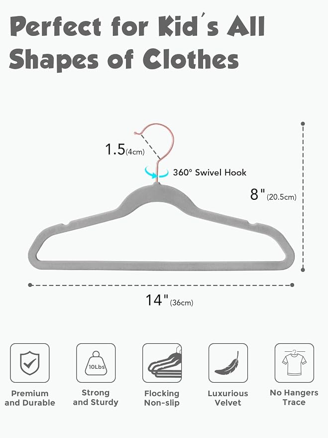 Kids Velvet Hangers 50 Pack, 14 Inch Premium Non Slip Kids Felt Hangers for Closet, Space Saving Toddler Clothes Hanger for Youth's Childrens' Clothes (Rose Gold Hook)- Grey | Premium Kids Hangers for Closet Storage, Space Saving Toddler Clothes Hanger... - Image 4