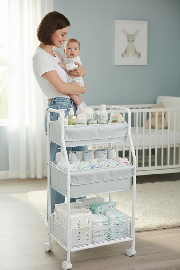 Rolling Utility Cart with Wheels, 3-Tier Diaper Cart, Rolling Nursery Cart & Baby Caddy Organizer for Nursery Essentials, Bedside/Postpartum Cart, Craft & Art Storage, Rolling Book Cart - Image 2