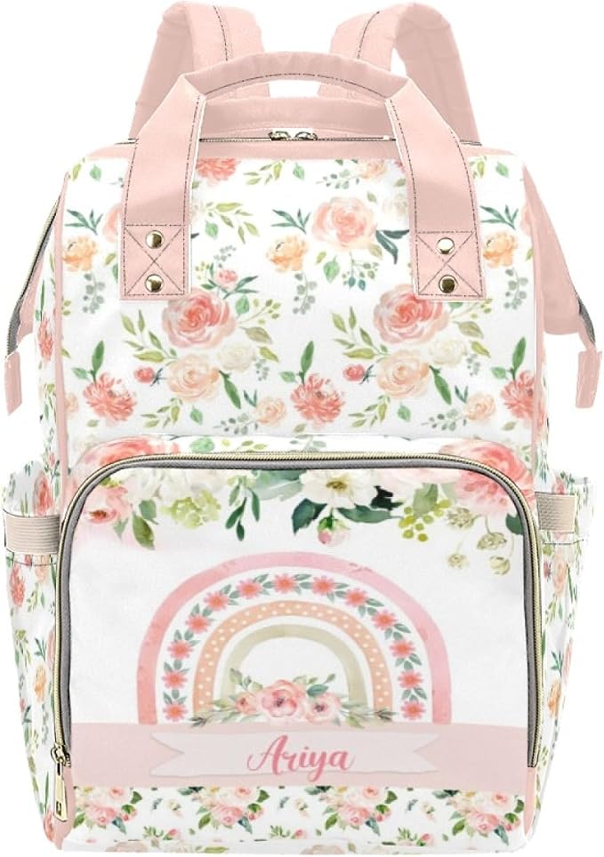 Custom Diaper Bag with Name Personalized Floral Rainbow Nylon Travel Backpack for Holiday Travel Customized Nappy Changing Bag with Pockets for New Mom by Noverbibi