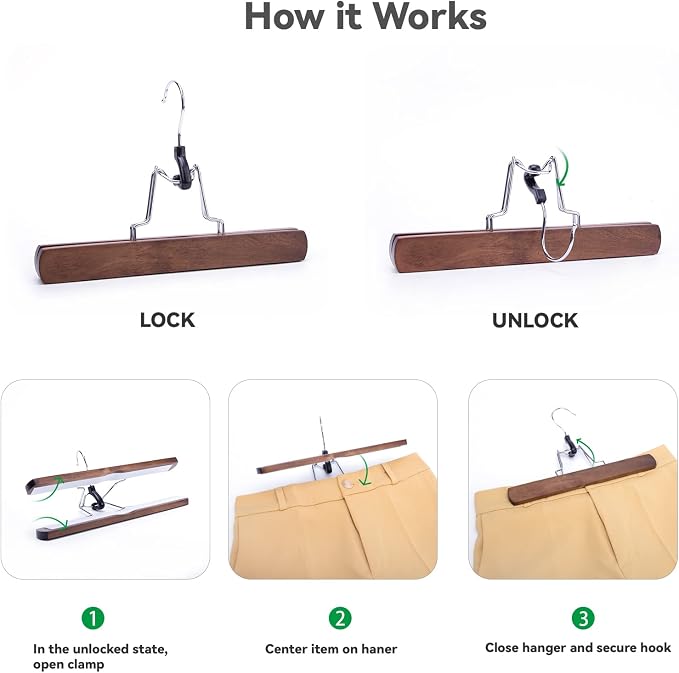 Nature Smile Wooden Pants Hangers Non Slip Smooth Finish Solid Wood Clamp Skirt Hanger Hair Extension Hangers with 360° Swivel Hook (20Pcs, Retro) - Image 4