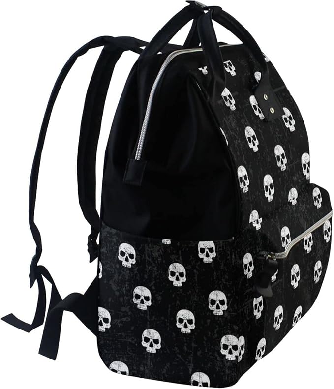 Large Capacity Baby Diaper Bag Black White Skulls Pattern Durable Multi Function Travel Backpack - Image 4