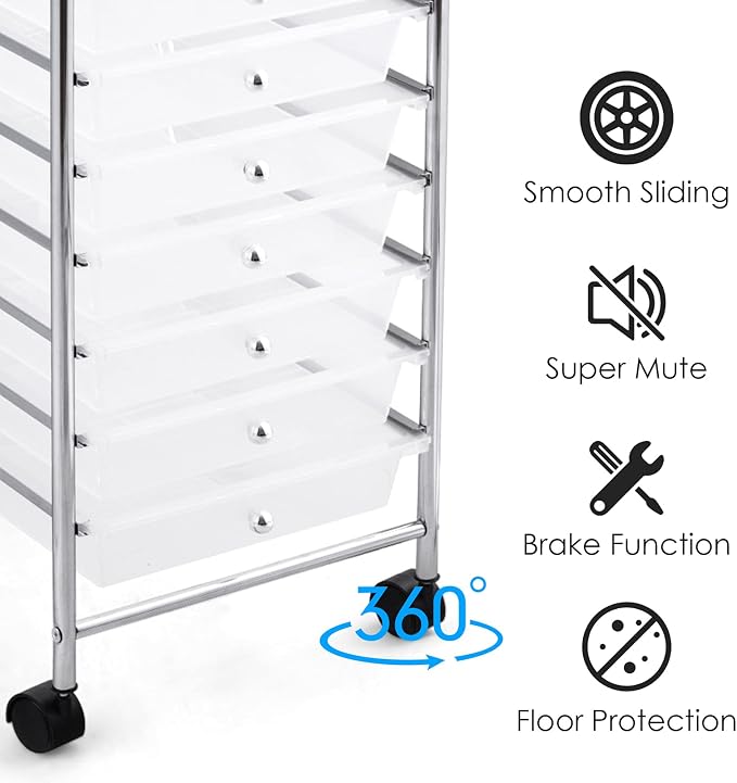 GOFLAME 10-Drawer Rolling Storage Drawer Cart, Utility Cart with Removable Drawers & Metal Frame, Mobile Art Craft Drawer Cart with Lockable Wheels for Home, Office, Studio, School, Clear - Image 6