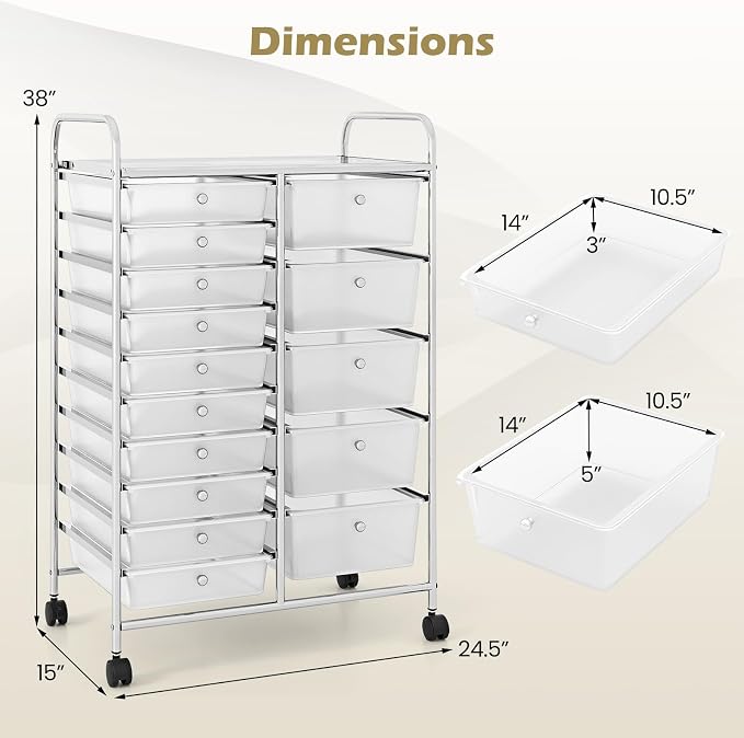 RELAX4LIFE 15-Drawer Rolling Storage Cart - Utility Cart with Metal Frame, Lockable Wheels & Removable Drawers, Multipurpose Art Craft Organizer for Home Office, Classroom (Clear) - Image 3