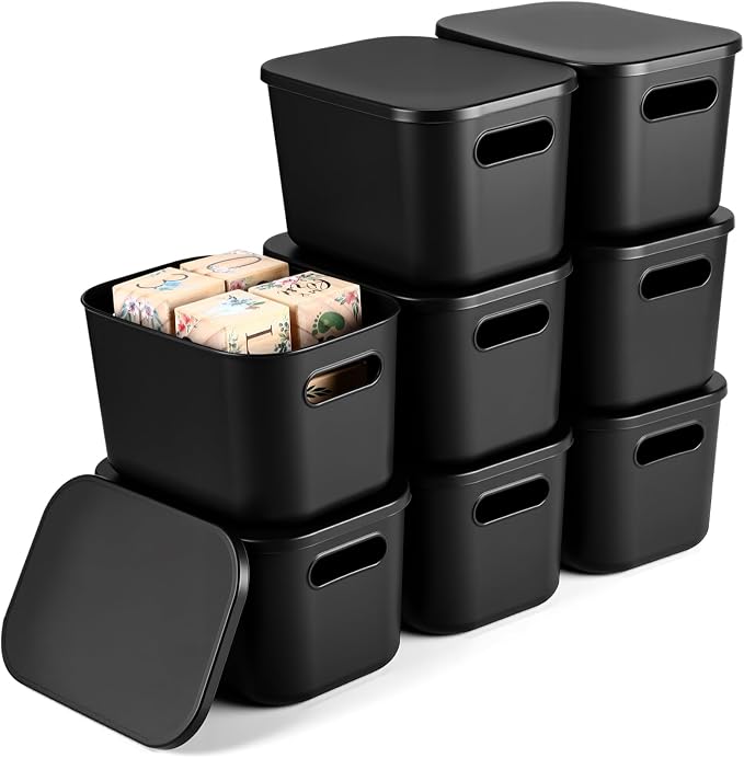 8 Pack Storage Bins, 9.8 X 7.1 X 6.3 Inch Black | Plastic Stackable Containers with Lid Handle, For Shelves Desktop Playroom Office, Organizing Toys Books Supplies Storage by Hoolerry