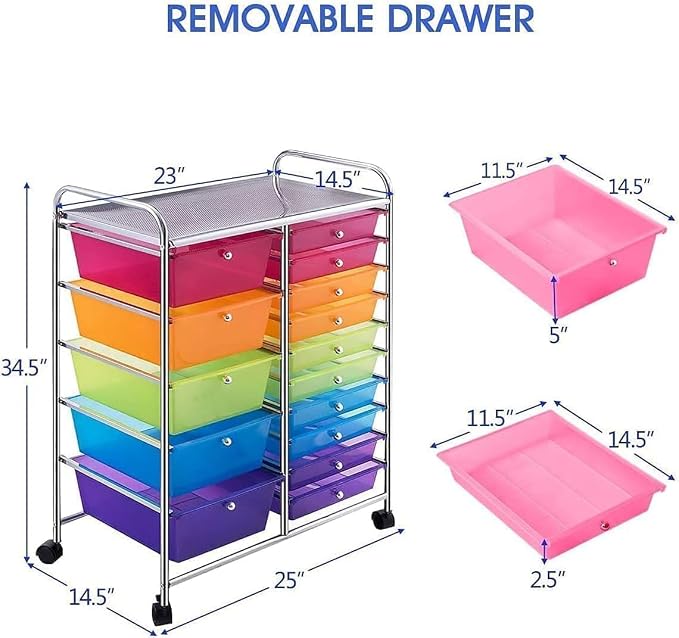 15 Drawer Rolling Storage Cart, Rolling Cart with Drawers for Classroom, Art Supply Craft Organizer on Wheel with Metal Frame & Handles for Home Office School - Image 3