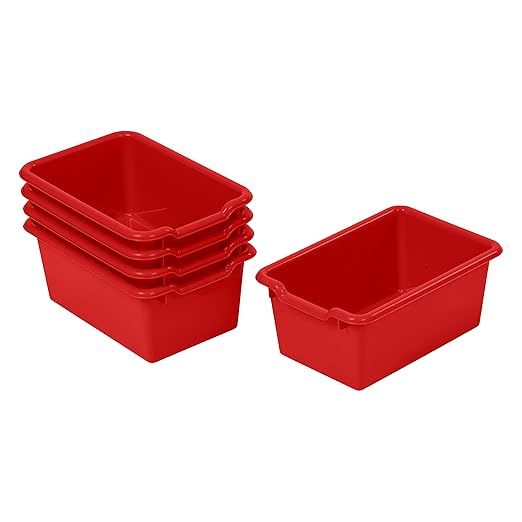 ECR4Kids Scoop Front Storage Bin, Multipurpose Organization, Red, 5-Piece | Durable plastic, GREENGUARD Gold Certified, 1.2 gallon capacity, lightweight & nestable, built-in handle, classroom/home use by ECR4Kids