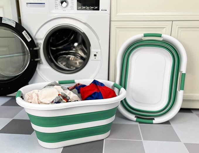 SAMMART 40L (10.5 gallon) Set of 2 Collapsible Plastic Laundry Hamper - Foldable Pop Up Storage Container/Organizer - Portable Washing Tub - Space Saving Basket (2, White/Winter Green) - Image 2