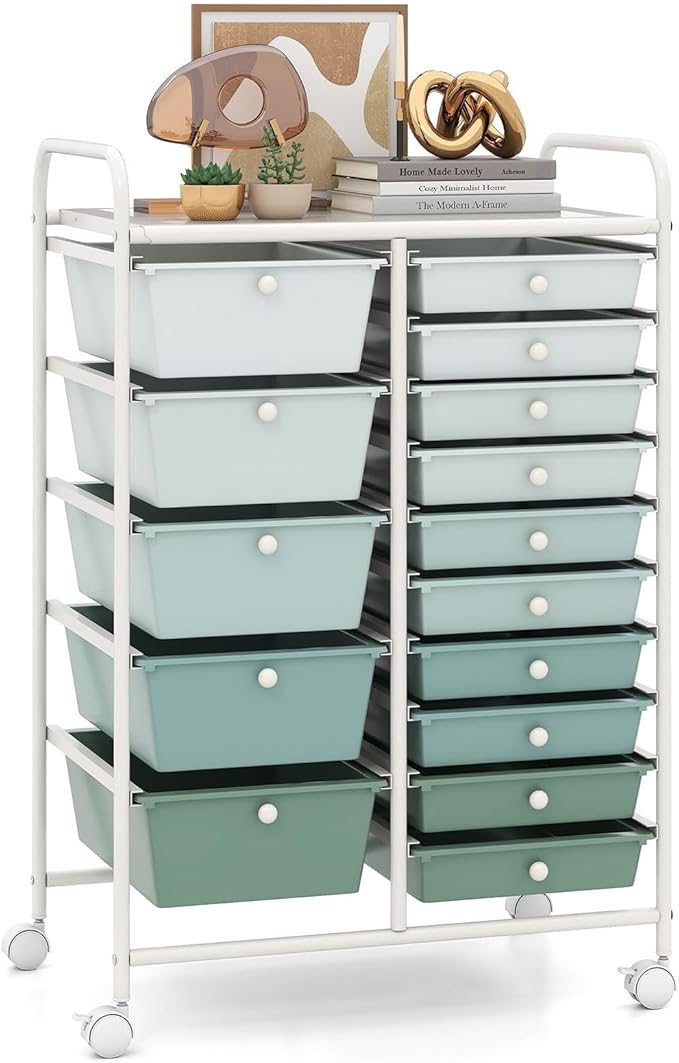 RELAX4LIFE 15-Drawer Storage Drawer Carts - Mobile Rolling Utility Cart | 34.5"H White Metal Frame, Gradient Green Drawers, Rolling Wheels; Classroom School Office Home Craft Utility Storage by RELAX4LIFE