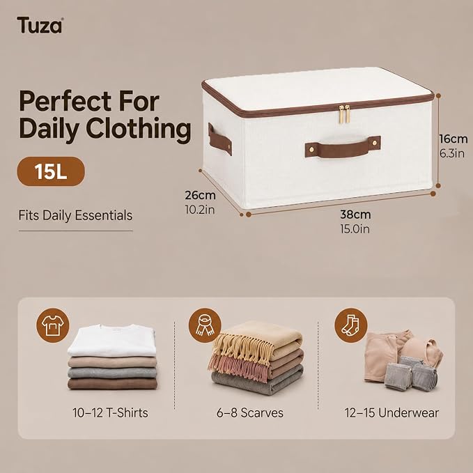 Tuza 3 Pcs Rigid Storage Bins with Zipper Lid, Cotton Linen Fabric Storage Boxes, Foldable Shelves Clothes Storage Cubes with Handles for Wardrobe, Closet(Beige, 15L) - Image 2