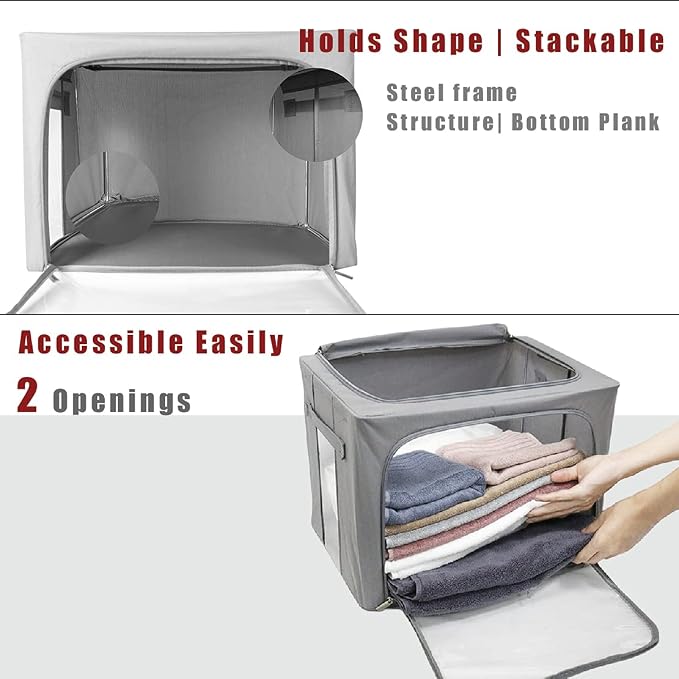 Clothes Storage Box Bins Stackable Foldable Organizer with Metal Frame for Clothing Bedding Shelves,Closet Container with Clear Window Zipper and Label Holder (Gray,Small-40L x3 Pack) - Image 3