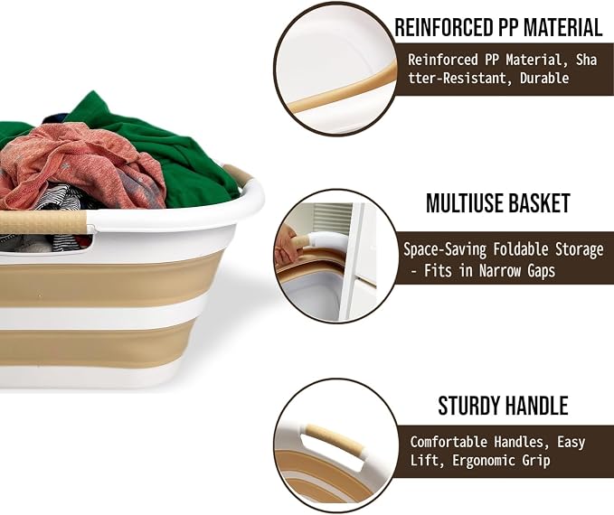 SAMMART 40L (10.5 gallon) Set of 2 Plastic Foldable Laundry Basket - Collapsible, Space Saving and Portable Laundry Hamper, Ideal for Home, Travel, Dorm, and Camping (2, White/Beige) - Image 3