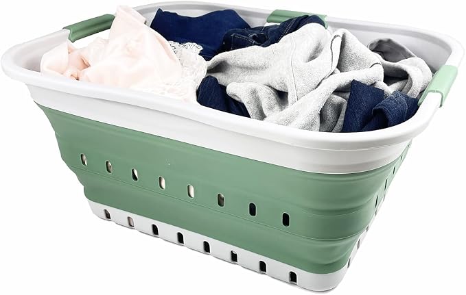 SAMMART 42L (11 gallon) Collapsible Plastic Laundry Basket - Foldable Pop Up Storage Container/Organizer - Portable Washing Tub - Space Saving Hamper/Basket (Grey/Dark Sea Green) - Image 6