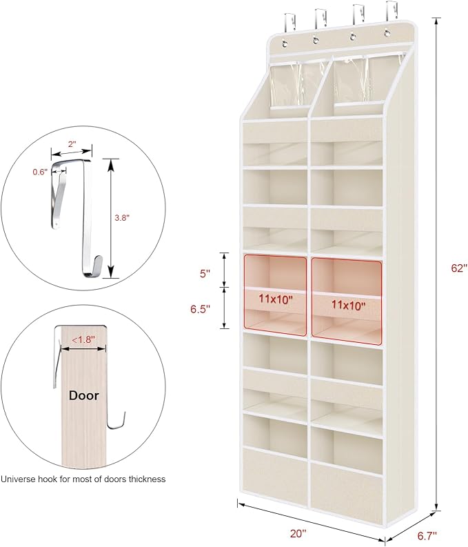 Univivi Upgraded Over Door Organizer for Baby Stuff, Beige Pattern, 6-Shelf | Fabric Behind Door Storage with Clear Window Deep Pockets, Over Door Hanging Organizer for Baby Essential, Bedroom, and Dorm - Image 3