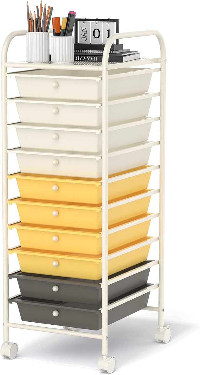 GOFLAME 10-Drawer Rolling Storage Drawer Cart, Utility Cart with Removable Drawers & Metal Frame, Mobile Art Craft Drawer Cart with Lockable Wheels for Home, Office, Studio, School, Yellow by GOFLAME