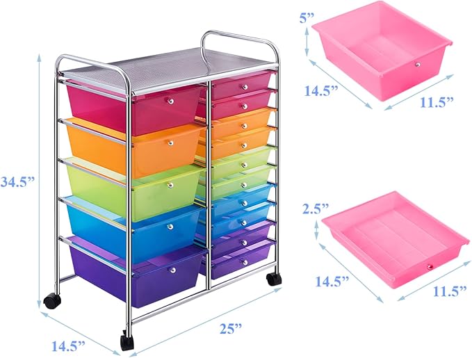 Giantex 15 Drawer Rolling Storage Cart Tools Scrapbook Paper Office School Organizer, Multicolor - Image 3