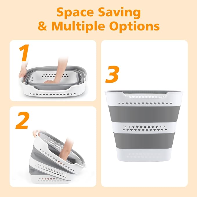 2 Pcs 42L Medium Collapsible Plastic Laundry Basket with Handles, Foldable Laundry Basket Hamper, Pop Up Storage Container Organizer for Washing Storage (Gery, 17 Inch * 13 Inch * 15 Inch) - Image 4