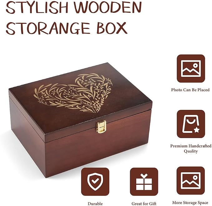 Larger Wooden Memory Keepsake Box with Hinged Lid & 8x10 Photo Frame Inside Lid – Decorative Storage Box With a Hinge Lids for Pictures, Letters & Time Capsule – Wooden Gift Box, 5.3” x 8.6” x 11.7” - Image 3