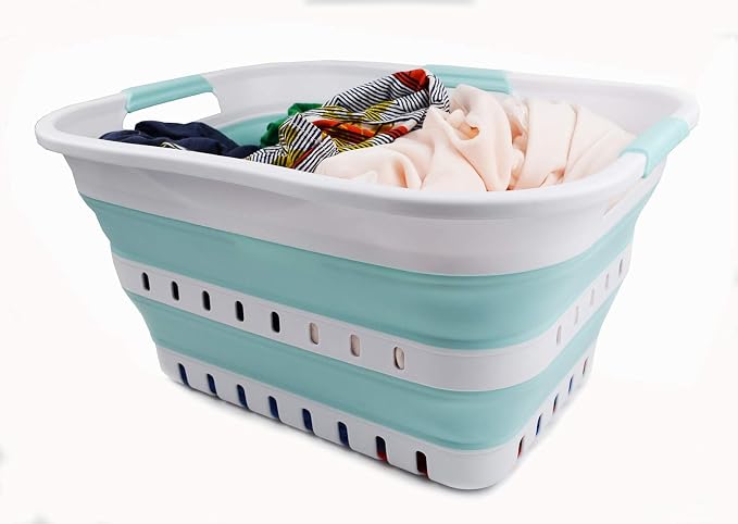 SAMMART Set of 2-30L (8 gallon) Collapsible Plastic Laundry Basket - Foldable Pop Up Storage Container/Organizer - Space Saving Hamper/Basket (2, White/Lake Green) - Image 5