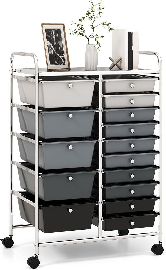 RELAX4LIFE 15-Drawer Storage Drawer Cart - Mobile Rolling Utility Cart with Wheels, Steel Frame, Craft Organizer for Classroom Organization and Storage, School, Office, Home, Gradient Black by RELAX4LIFE