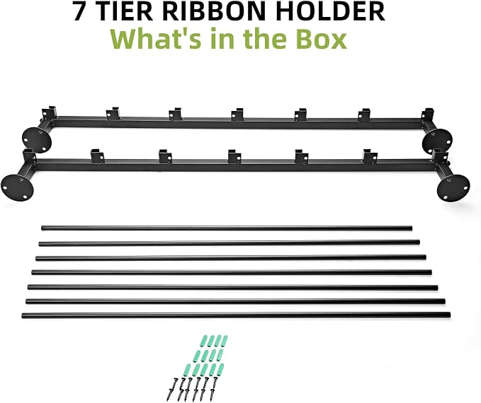 7 Tier Wall Mount Ribbon Organizer, Metal Rack for Craft Room | Wall mounted ribbon holder ideal for flower shops, stores, wrapping paper, scarf, tie, belt, towel storage - Black - Image 5