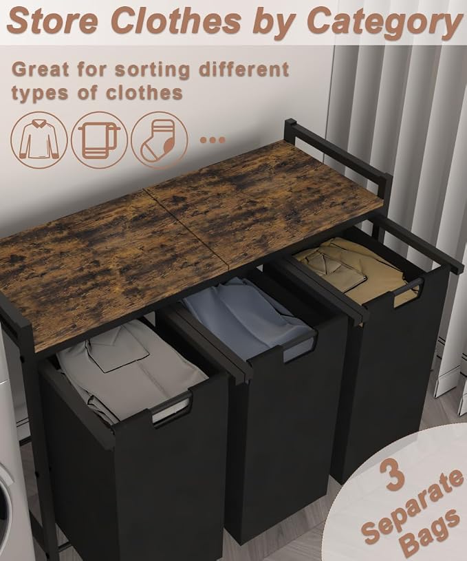 10 x 3 Gal Large Laundry Hamper, Rustic Brown and Black | Freestanding Clothes Basket Organizer with 3 Pull-Out & Removable Sorter Bags for Clothing or Toys in Bathroom & Living Room - Image 2