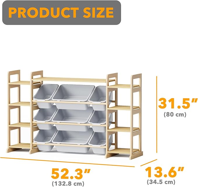 SpaceAid Large Toy Storage Organizer 9 Shelves 9 Bins, Toy Organizers Storage Bookshelf, Kids Bin Shelf Toys Box Bookcase for Bedroom Playroom Organization Room Decor, Neutral Gray - Image 2