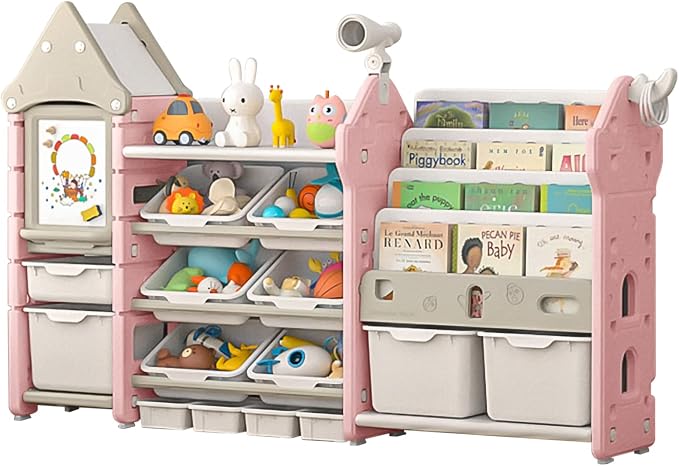 Kids Toy Storage Organizer with Bookshelf, 14-Bin Playroom Organizer and Bookcase, HDPE Toddler Storage Shelf with Drawing Board, for Nursery, Bedroom and Playroom by UNICOO