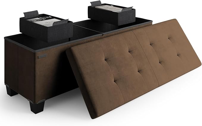 Storage Ottoman Bench with Bins, 43-in Storage Bench for Bedroom End of Bed, Folding Foot Rest Ottoman for Living Room Max 660lbs, Velvet Ottomans, Brown by STORAGEBUD