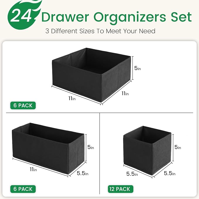 Drawer Organizer Clothes, 24 Pack Underwear Drawer Organizers, Foldable Closet Organizers and Storage Dresser Drawer Dividers Clothing Organizer for Clothes, Socks, Scarves, Bra, Ties (Black) - Image 3