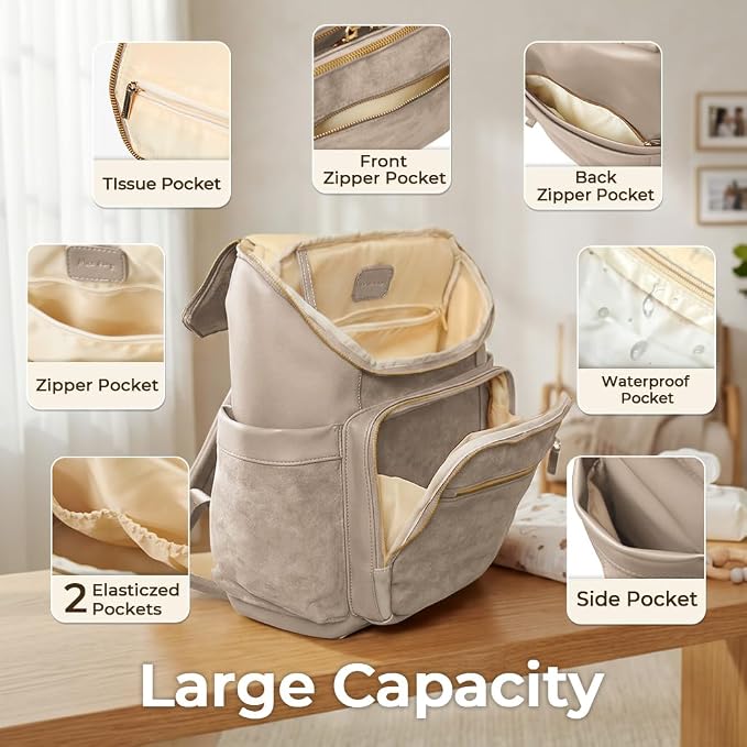 miss fong Leather Diaper Bag Backpack Suede Baby Backpack with Changing Pad | 14Pockets Convertible Mommy Diaper Backpack for Mom Waterproof Wet Pocket,Insulated Pockets,Stroller Straps Luggage Sleeve - Image 6