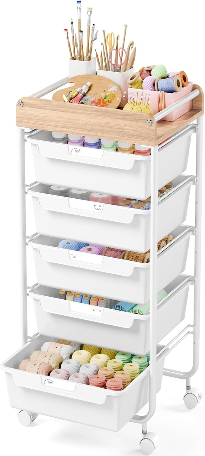 SYKIARIOL Rolling Cart with 5 Drawers,Art Craft Cart,White | Storage Utility Cart with Wheels,Makeup Organizer With Wooden Tabletop by SYKIARIOL