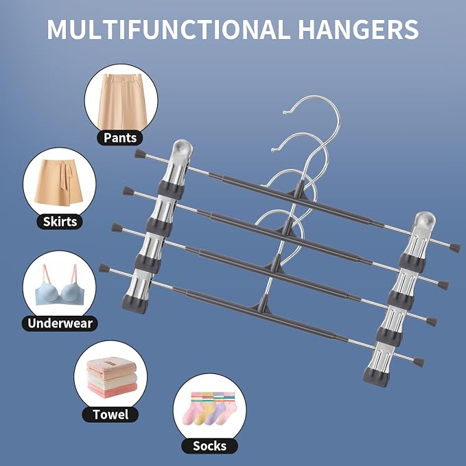 Pants Skirt Hangers with Clips, 20 Pack, Gray, 12 Inch | Non-Slip,Adjustable metal wide clips,Space-Saving,Heavy duty, for pants/skirt/dress/trousers/jeans/shorts/leggings,Women - Image 4