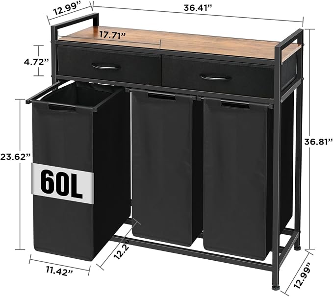 180L Laundry Sorter Hamper Basket 3 Section with Shelf & 2 Drawers | 3 Compartment Clothes Storage Organizer Cart, Pull-Out Removable Oxford Fabric Bags - Image 8