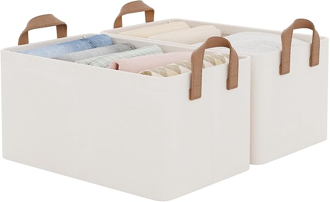StorageWorks Fabric Storage Bins, Linen Closet Organizers, Natural, 2-Pack | With Reinforced PU Handles, Metal Frame, Collapsible, Storage Basket for Shelves, Closet, Holds Clothes, Towels, Blankets by StorageWorks