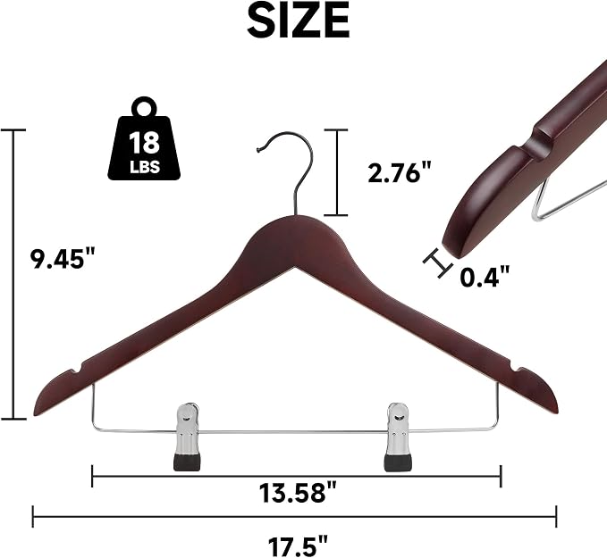 Wooden Hangers with Adjustable Metal Clips, 72-Pack, Dark Cherry | Solid Wood Hangers with 360° Rotatable Hook for Skirt, Dress, Coats, Jacket and Pants, Space-Saving and Non-Slip Design - Image 2