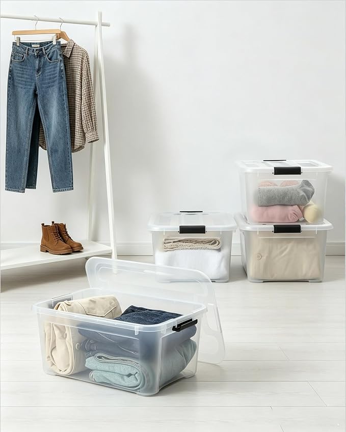 EOENVIVS 15L Clear Storage Bins with Lids, 4 Pack Stackable Plastic Storage Containers with Lids, Latching Storage Boxes and Organizer Bins for Closet, Toys, Crafts and Office - Image 4