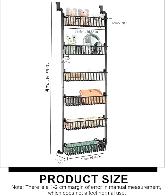 Over the Door Organizer, Metal Behind Door Hanging Storage, Toys Umbrellas Bags Organizer Rack, Large Capacity Organizer for Bedroom Bathroom Kitchen Pantry Closet Cabinet (Black,Six-Tier) - Image 2