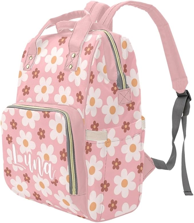 Custom Name Diaper Bag Backpack – Pink Flower Personalized Baby Nappy Bag with Insulated Bottle Holders – Waterproof Large Capacity Travel Backpack Gift for Parents - Image 2