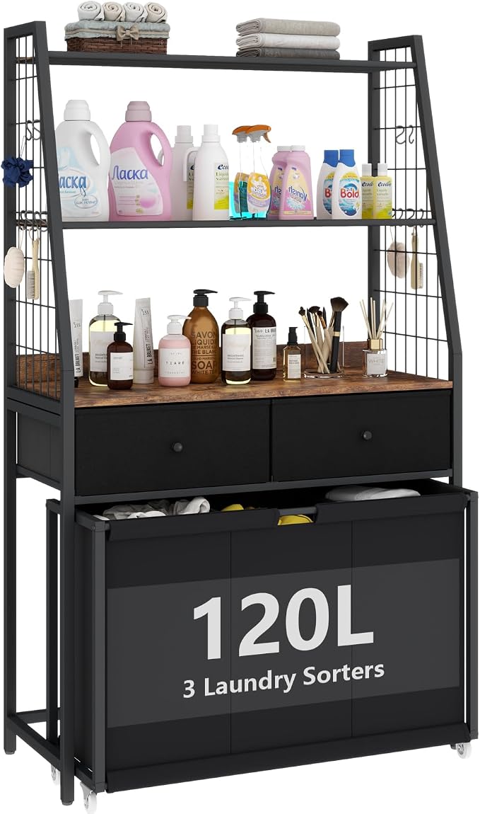 STIKELY Laundry Hamper Laundry Basket with 3 Section Pull-Out Rolling Bags & 2-Tier Storage Shelf, Laundry Sorter for Organization and Storage with 2 Drawers for Laundry Room, Bathroom by STIKELY
