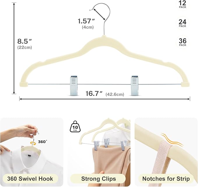 HOUSE DAY Velvet Skirt Hangers 12 Pack, Beige Velvet Pant Hangers | with Adjustable Clips, Space Saving Slim Shorts Hanger, Heavy Duty Non Slip Clip Hanger for Pants, Skirts, Shorts - Image 9