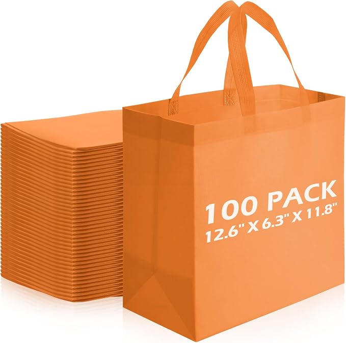 Reginary 100 PCS Non Woven Tote Bags Bulk,Orange | Reusable Shopping Bags with Handles, Stores, Groceries Markets, Events Gift, Party Supplies by Reginary