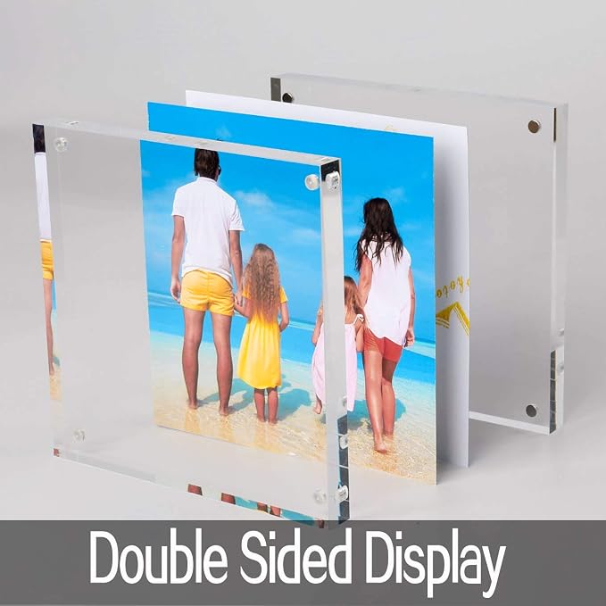 Meetu Acrylic 5x5 Picture Frame 2 Pack Clear Two Sided Desk Photo Frame Magnetic Frame Inner Size 4x4 with Gift Pack for Display Family Pictures Baby Photos Friends Pictures Pet Dog Picture - Image 3