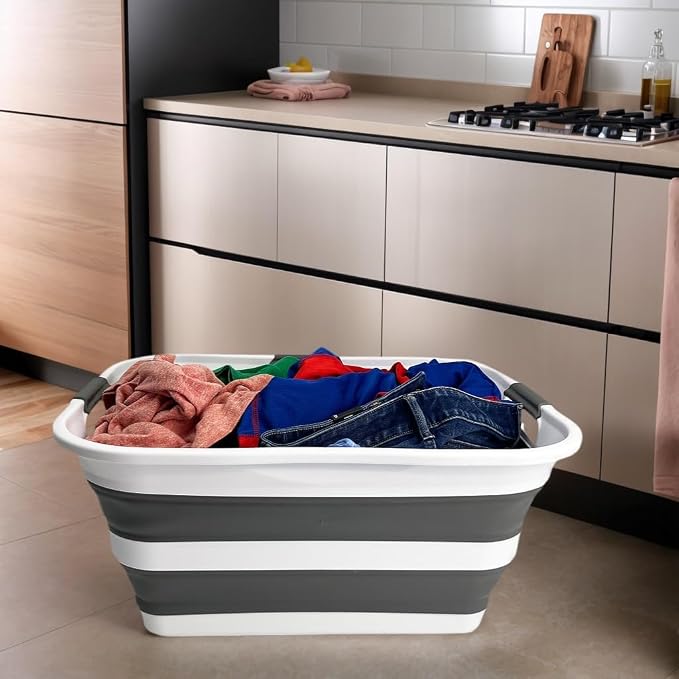 SAMMART Set of 2 Collapsible Plastic Laundry Basket/Organizer-Washing Tub-Foldable Pop Up Storage Container-Space Saving/Portable Hamper. Ideal for Home, Travel, Dorm & Camping (White/Steel Grey, 42L) - Image 6