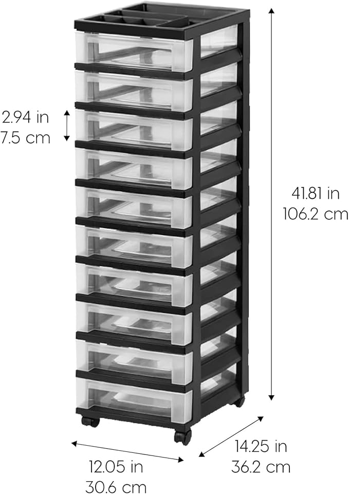 IRIS USA 2 Pack 10-Drawer Plastic Storage Rolling Organizer Cart with Caster Wheels for Laundry Room, Bathroom, or Closet Dresser Storage, Black/Clear - Image 3