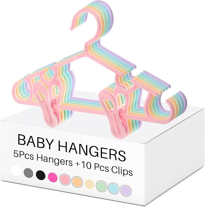 Hsei Baby Hanger with Clip for Pant,15 Packs Total,Macaron Color,10.6 Inch | 5 Kids Plastic Hanger with 10 Clips for Newborn, Nursery, Daycare, Preschool, Closet, Wardrobe Organizer for Baby Shower by Hsei