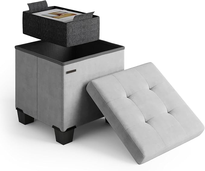 Storage Ottoman Cube with Small Bin, 15-in Square Ottoman with Storage for Living Room and Bedroom, Small Ottomans Foot Rest, Velvet Foot Stools Ottomans Max 330lbs, Light Grey by STORAGEBUD
